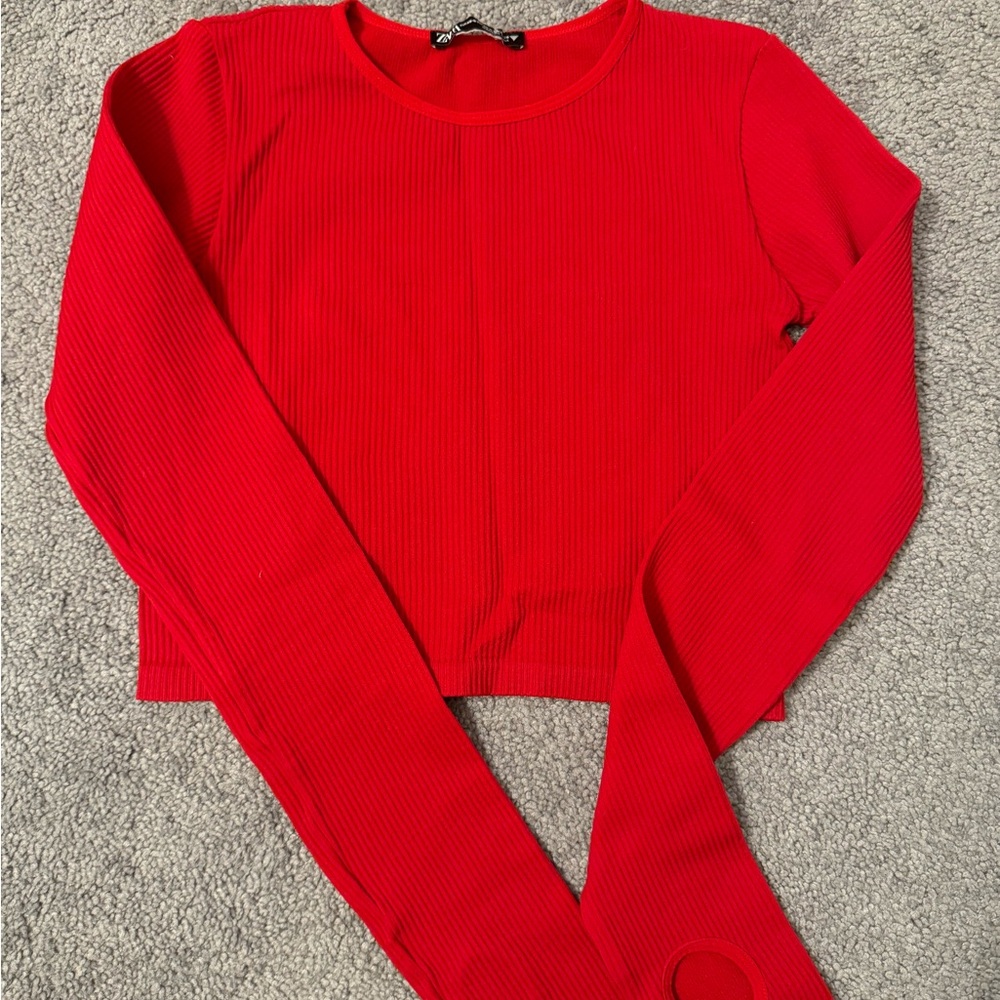Red Long Sleeve Ribbed Zara Top
